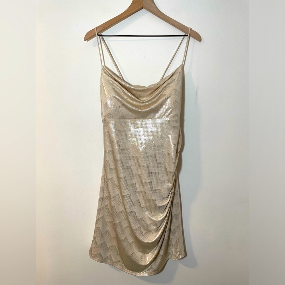 NEW Bebe Gold Sparkle Cowl Neck Lined Mini Slip Dress Size XL New Year's Dress!